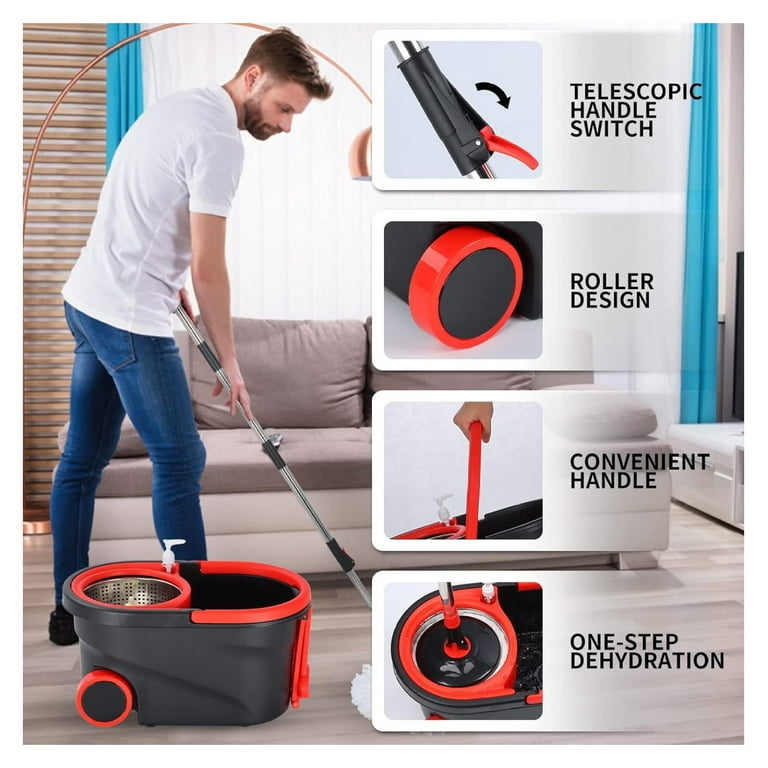 Mop and Bucket Set, 360° Spin Mop and Bucket with Wringer Set on Wheels with 3 Microfiber Mop Refills, Stainless Steel 61" Extended Handle Spinning Mop Bucket System for Floor Cleaning - Walmart.com