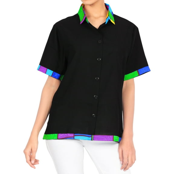 HAPPY BAY Women's Casual Hawaiian Blouse Shirt Solid Blouses Short Sleeve Button Up Dress Tops Tee Shirts T Shirts for Women M Squid Ink_AD595