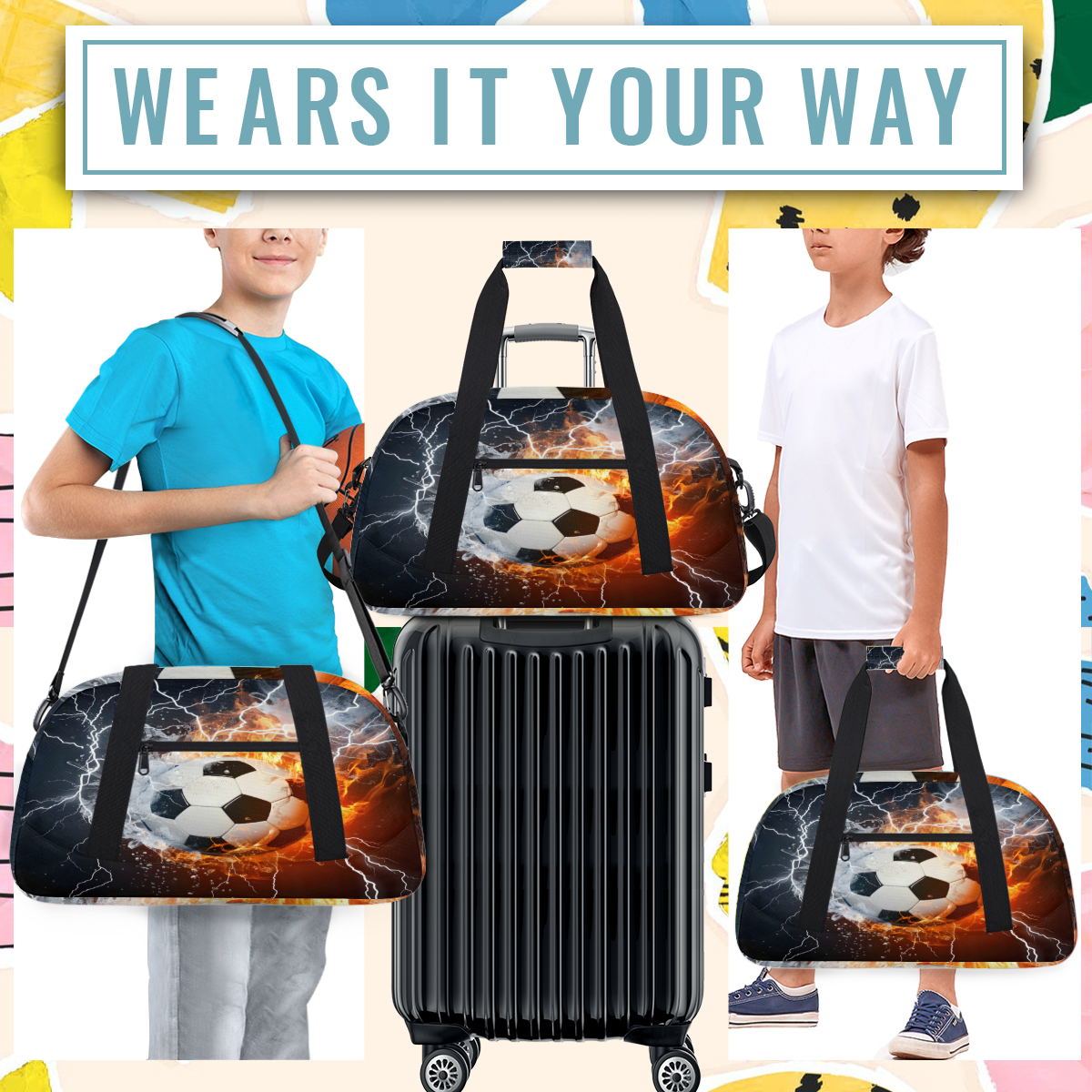Herdesigns Soccer Ball Fire And Water Sports Duffle Bag for Women & Men, Gym Bag Dance Bag Overnight Bag Carry On Weekender Travel Bag