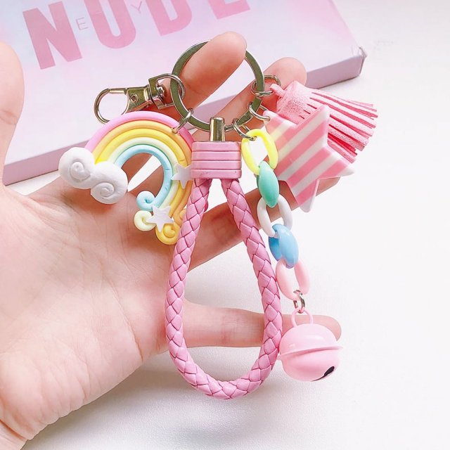LLavero de arcoíris de cerámica suave creativo con forma de corazón para niña, mochila para estudiante, colgante de piruleta, Accesorios para llaveros