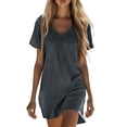 thumbnail image 2 of Tqyyweavej Women's Plus T Shirt Dress Linen Loose Fit V Neck Mini Dress Oversize Solid Color Short Sleeve Dress, Pajamas for Women, 2 of 8