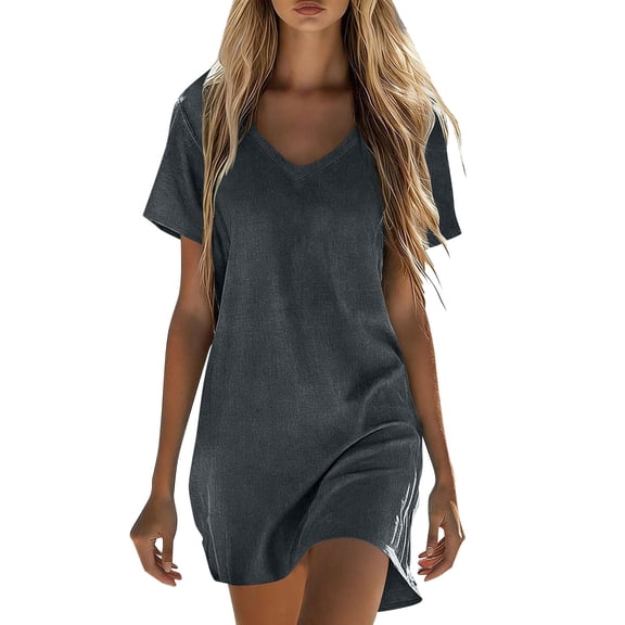 Admvng Dress for Women Solid Soft Short Sleeve V Neck T Shirt Dress