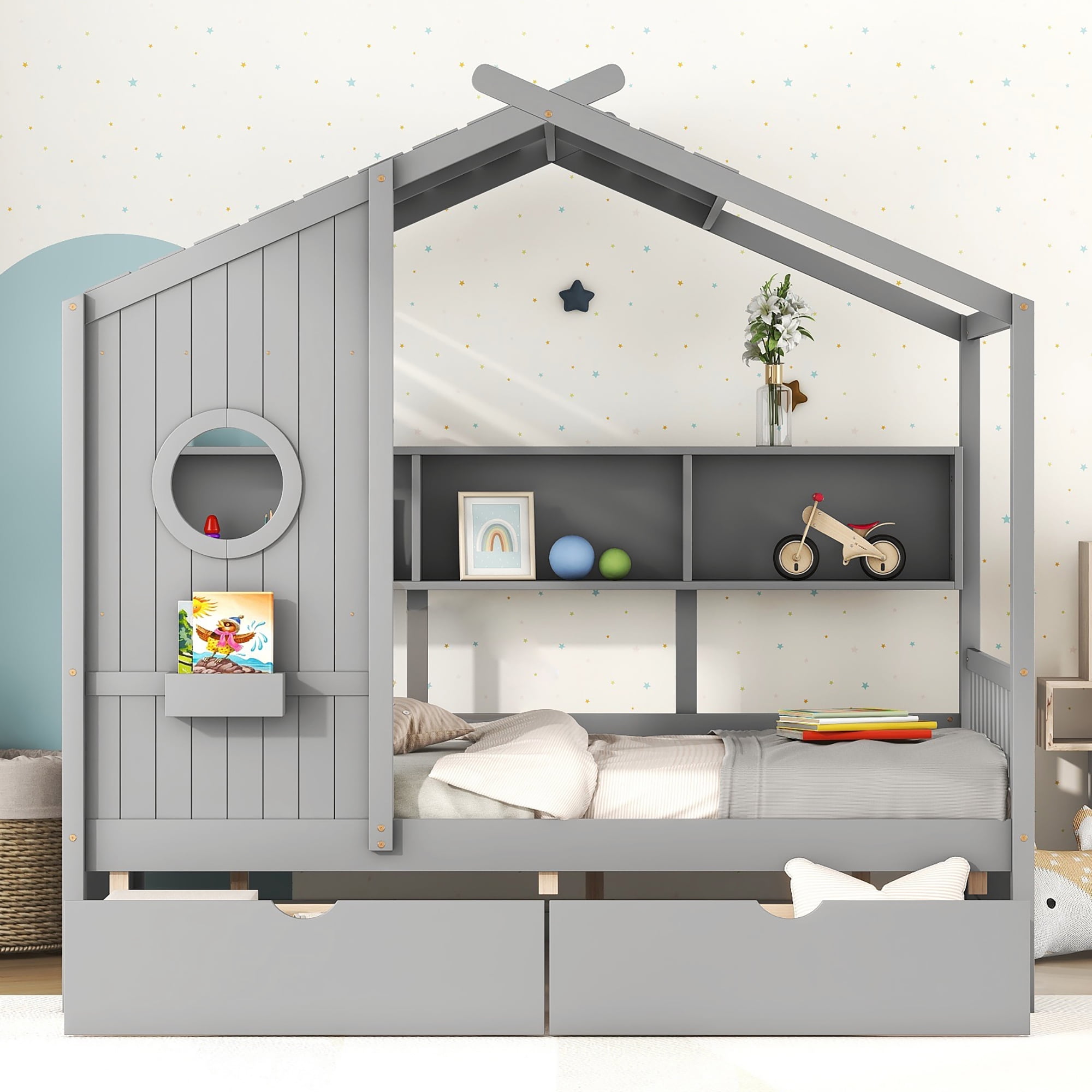 Harper & Bright Designs Full Size House Bed with Roof and Window, Wooden Daybed Frame with Shelves and 2 Drawers for Girls Boys, Gray