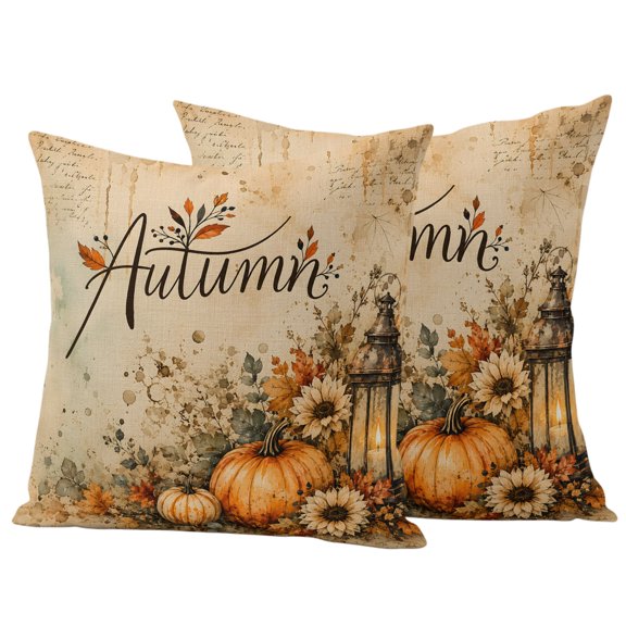 Fall Thanksgiving Outdoor Waterproof Pillow Covers, Orange Pumpkin Leaves Country Farmhouse Decorative Square Throw Pillowcase Sofa Cushion Sham for Patio/Couch/Chair, 20"x20" 2 Pack