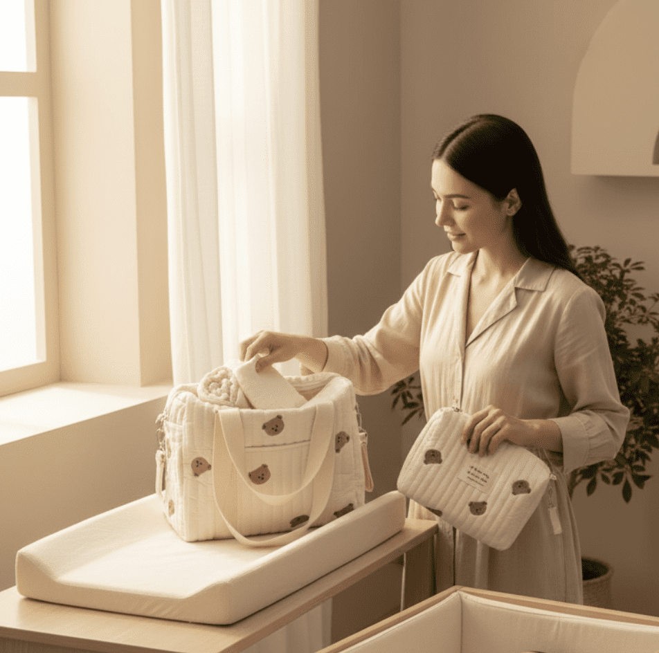 Set of 4 (TRAVEL BAG + STROLLER BAG + POUCH 1 BEAR + POUCH FULL BEARS) - Baby Bag Set 100% Cotton Bear Print
