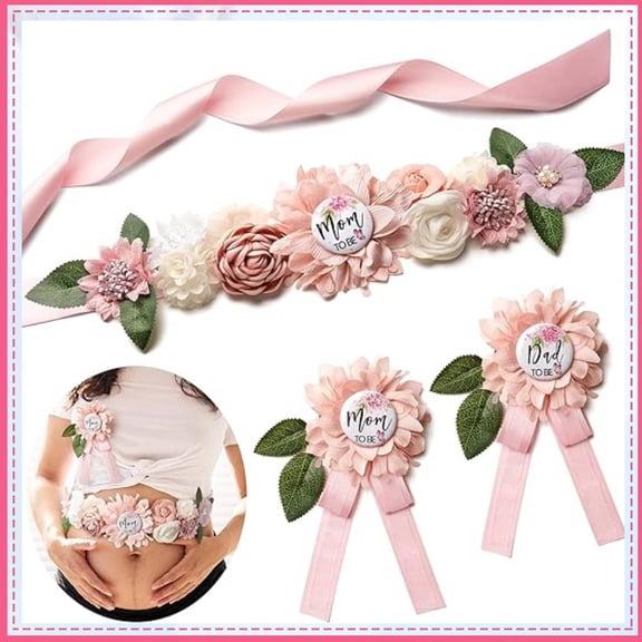 Baby-Shower Maternity Sash Belly Belt-Pink Flower Sash Set Mom to Be & Dad to Be Corsage Pins for Gender Reveal