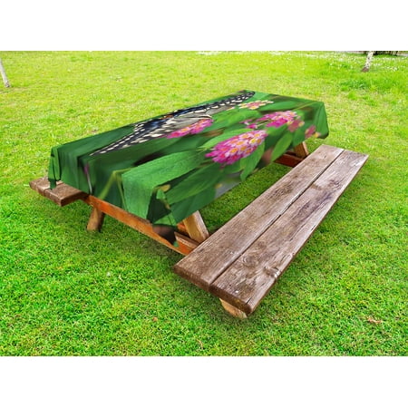Spring Nature Table Swallowtail Butterfly Outdoor Tablecloth, Rare Butterfly on Blooming Spring Flowers Ecology Nature Theme, Decorative Washable Fabric Picnic Tablecloth, 58 X 120 Inches, Green Pink Black, by Ambesonne ()