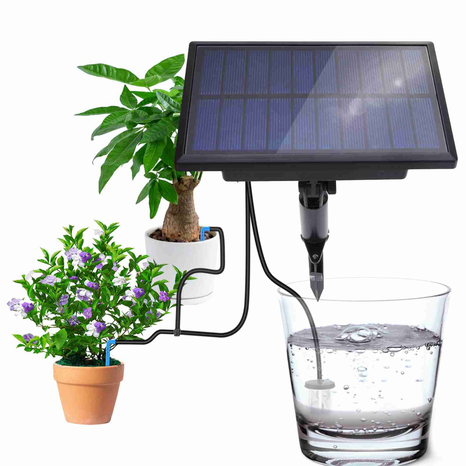 Nieyigj Solar Drip Irrigation Kit for 10 Potted Plants, Includes 6 Timer Modes, 400ml/min Flowrate, 32.8 ft / 10m Hose, and Automatic Plant Watering Devices with Inserted Stake, Black