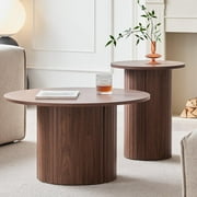 Round Nesting Coffee Tables Set of 2, Boho Wood Circle Side Table Fluted Drum for Living Room Bedroom, Apartment(Walnut)