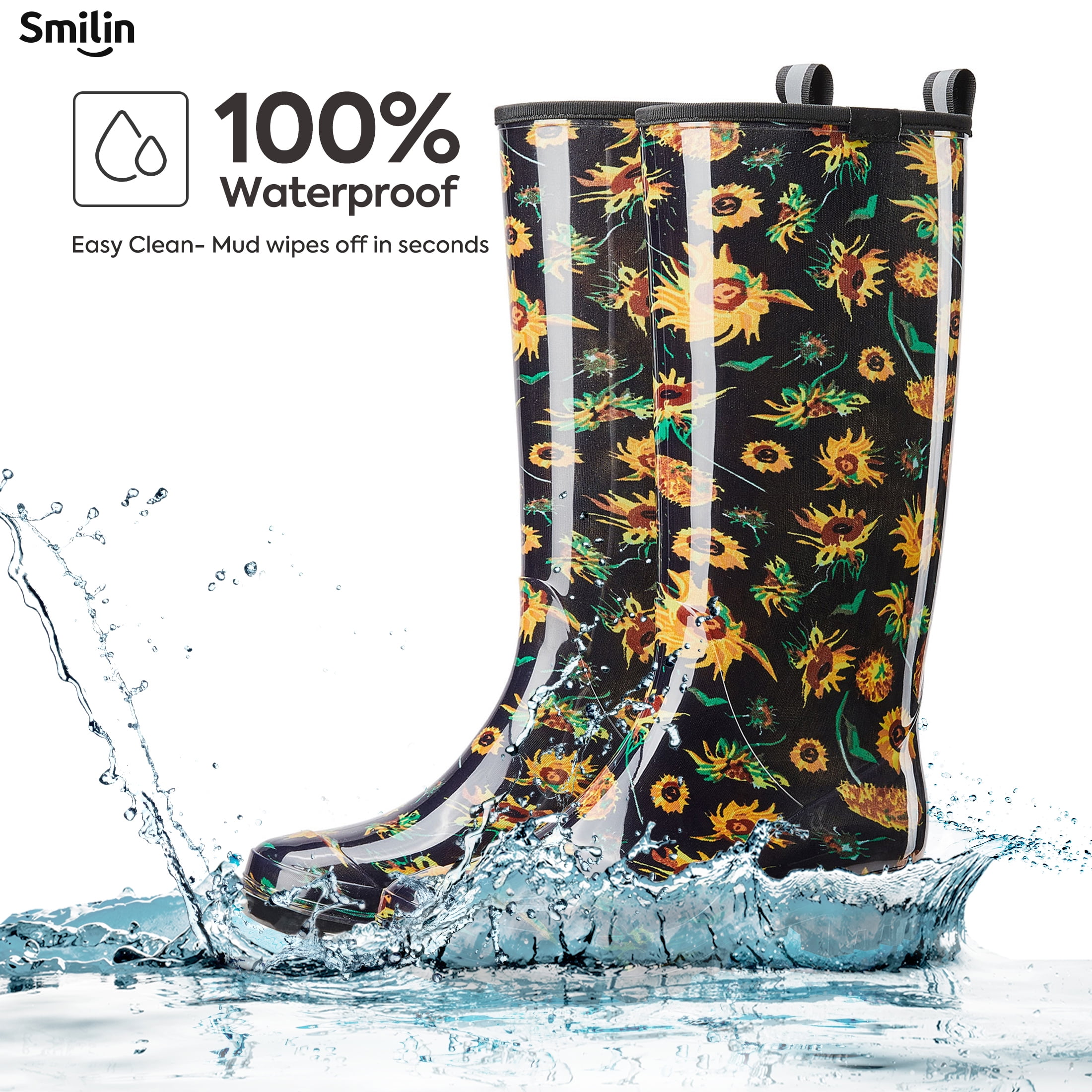 SMILIN Colorful Rain Boots for Women,Mid-Calf Waterproof Anti-Slip Slim Calf Garden Shoes,Black Sunflower,US Size 11