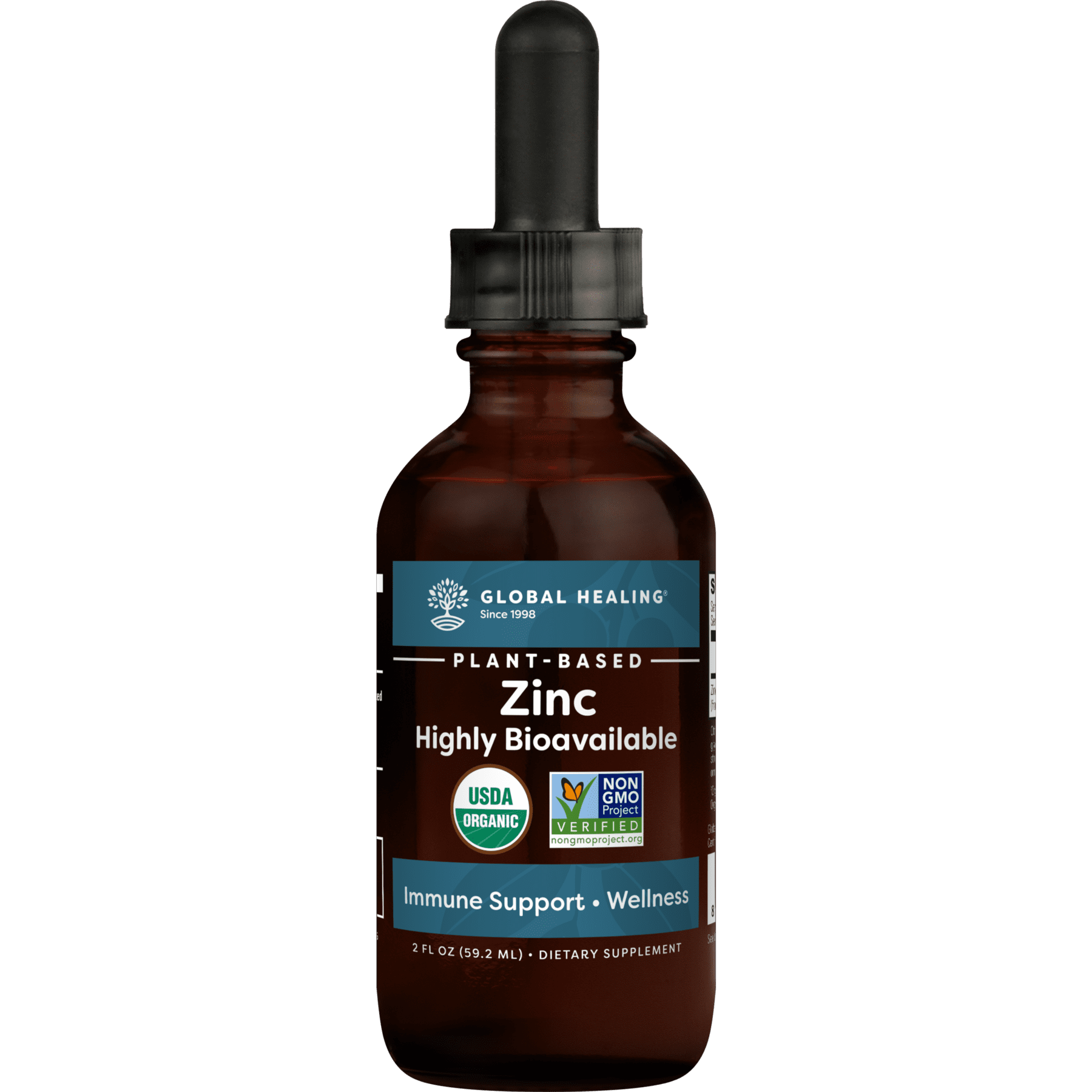 Global Healing Zinc, Organic Plant-Based Liquid Supplement for Immune Support, 2 fl. oz