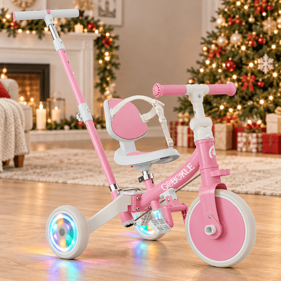 GOBOKLE 5-in-1 Tricycle for Toddlers Ages 1-3, Balance Bike with Light-up Wheels, Adjustable Seat and Handlebar, Pink