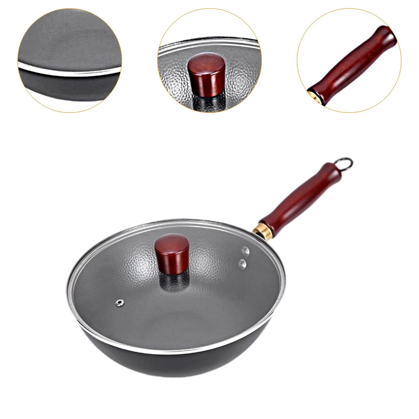Fiocias Iron Wok Nonstick Pot Easy to Clean Wooden Handle Rustproof Kitchen Round Bottom With Lid