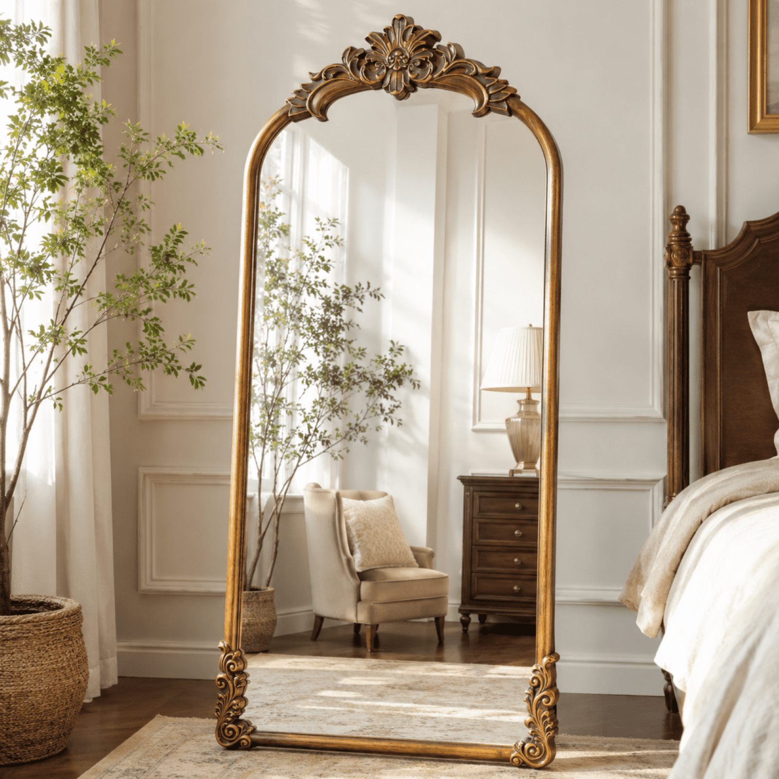 VORENTA 71"x32" Vintage Floor Mirror Arched Full Length Mirror Baroque Carved Wall Mounted Decor Traditional Ornate Mirror with Stand, Antique Bronze
