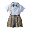 thumbnail image 2 of CUZIBR Boys Kids Baby Summer Outfits Formal Short Sleeve Button Down Turndown Collar Shirts Tops Suspenders Striped Shorts Child Gentleman Elegant Clothes Sets Cozy Daily Wear,Blue,6-7 Years, 2 of 8