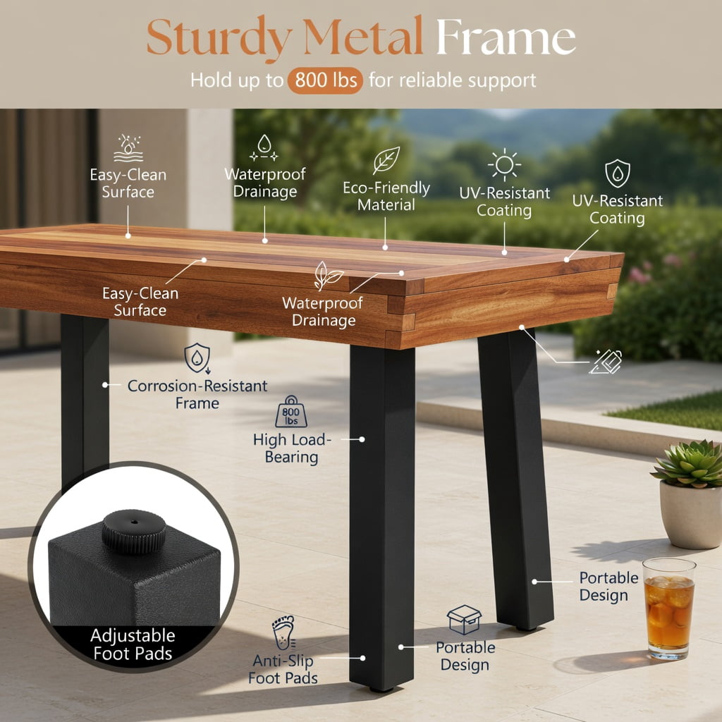 Hommoo Outdoor Acacia Wood Garden Bench for 2-3 People, Sturdy Metal Frame, Splinter-Free Patio Bench, 60" Backless Seating with Adjustable Feet, Brown