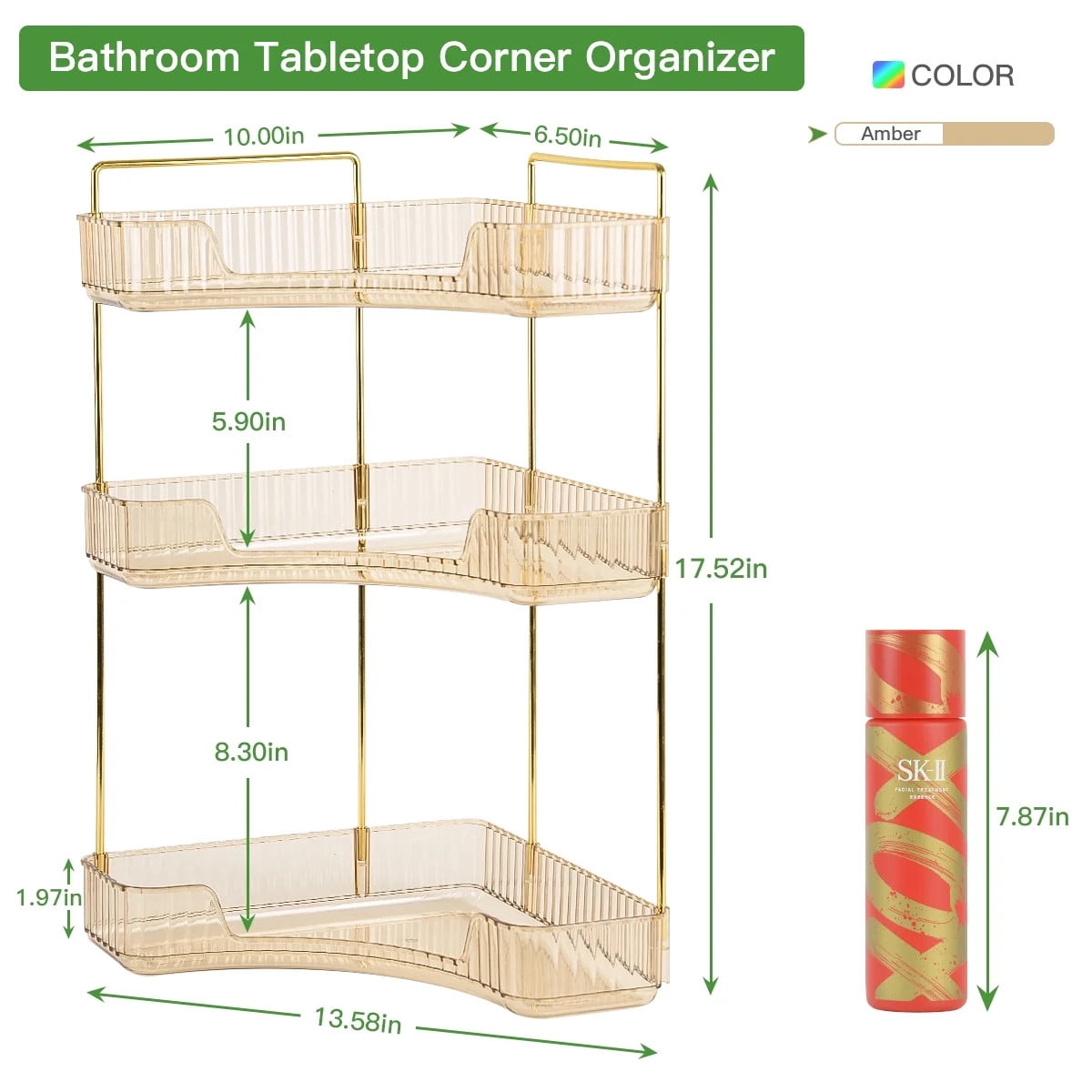 TEAFIRST 3-Tier Makeup Organizer, Bathroom Corner Countertop Organizer Space Saving waterproof Gold