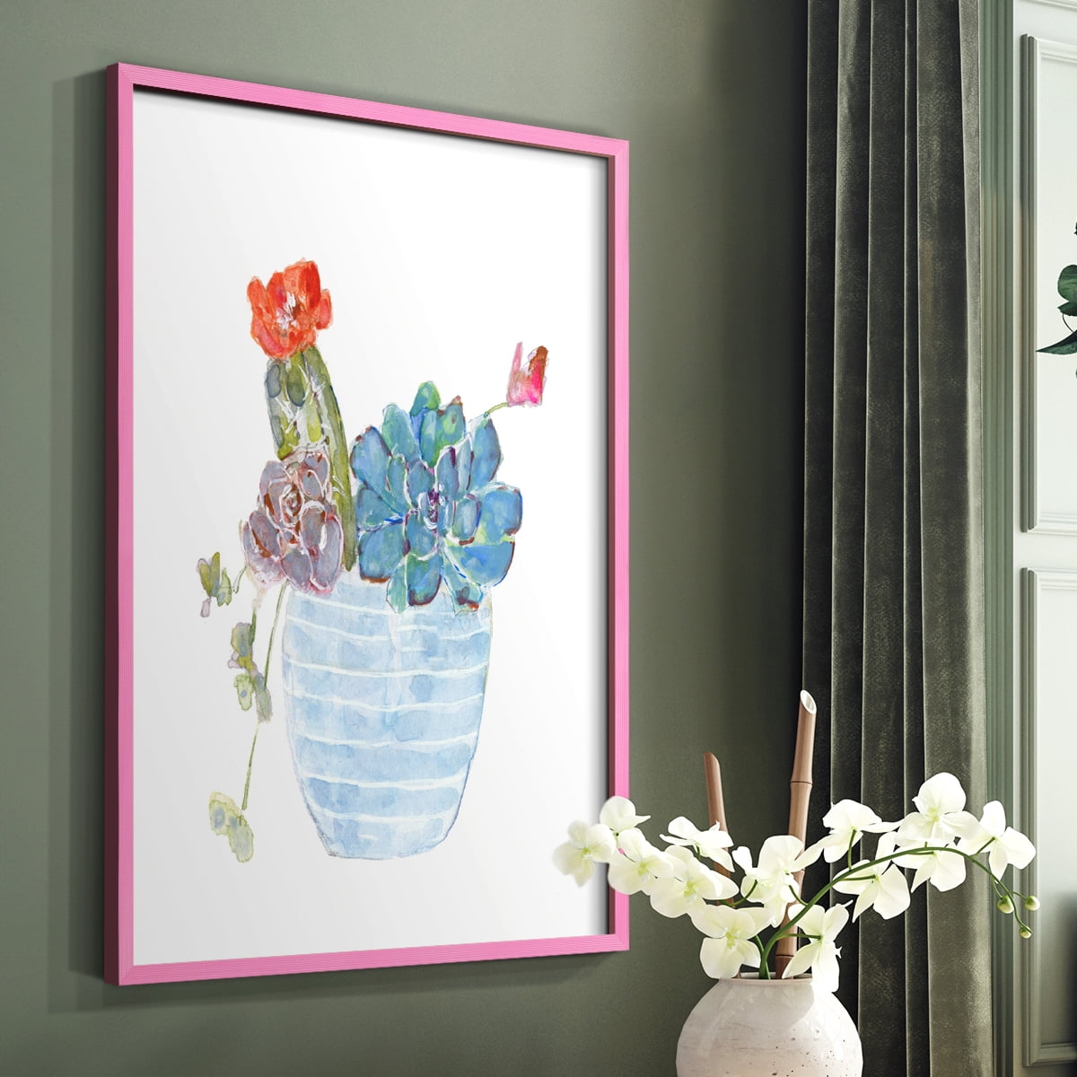 Cactus and Succulent Blooms I Framed Print in Pink Solid Wood Framed Print No Nail Hanging