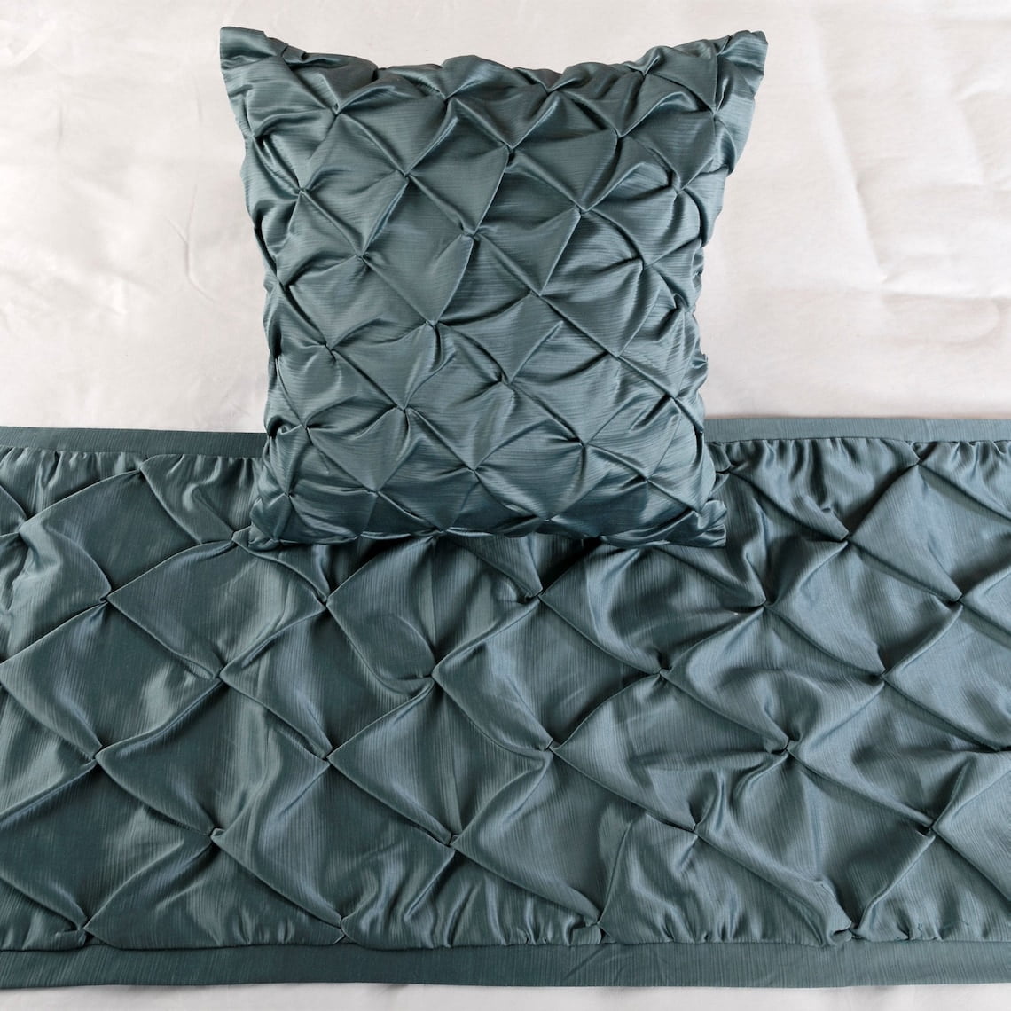 Decorative Blue King 90 x 18 inch Bed Runner with pillow cover set, Satin Pintucks Bed Scarf, Solid Color Modern - Satin Nights