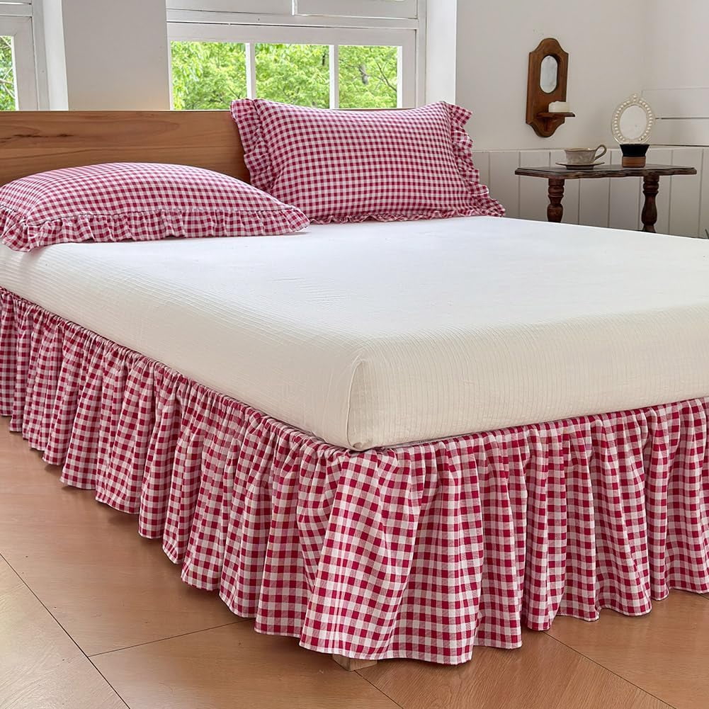 Red Gingham Wrap Around Ruffled Bed Skirt with Lace Decor, Plaid Grid Adjustable Elastic Dust Ruffles for King Bed, 15 Inch Drop Farmhouse Cottage Pleated Bed Frame Cover(Red Gingham, King)