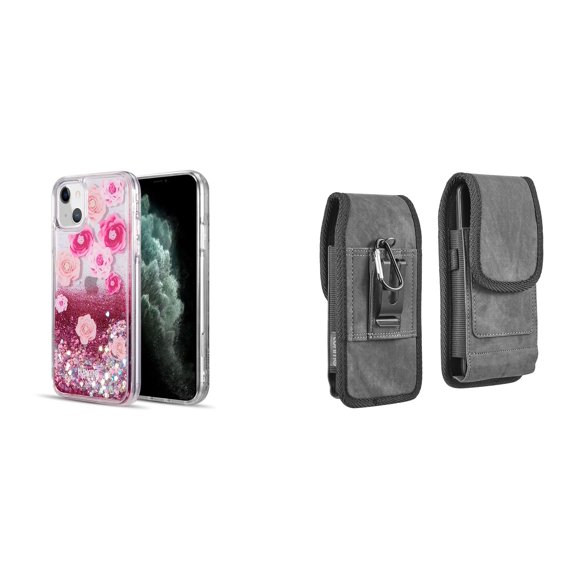 Liquid Glitter Case for iPhone 14 and Belt Holster Pouch - Pink Flowers
