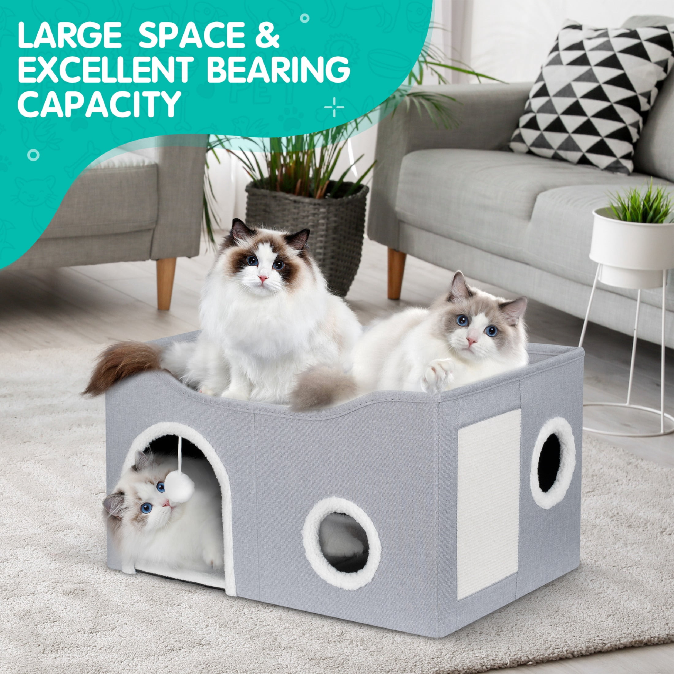Cat House for Indoor Cats - Large Cat Bed Cave with Fluffy Ball and Scratch Pad, Foldable Cat Houses & Condos, Cat Cubes, Cat Hideaway, Covered Cat Bed for Multi Small Pet Large Kitty