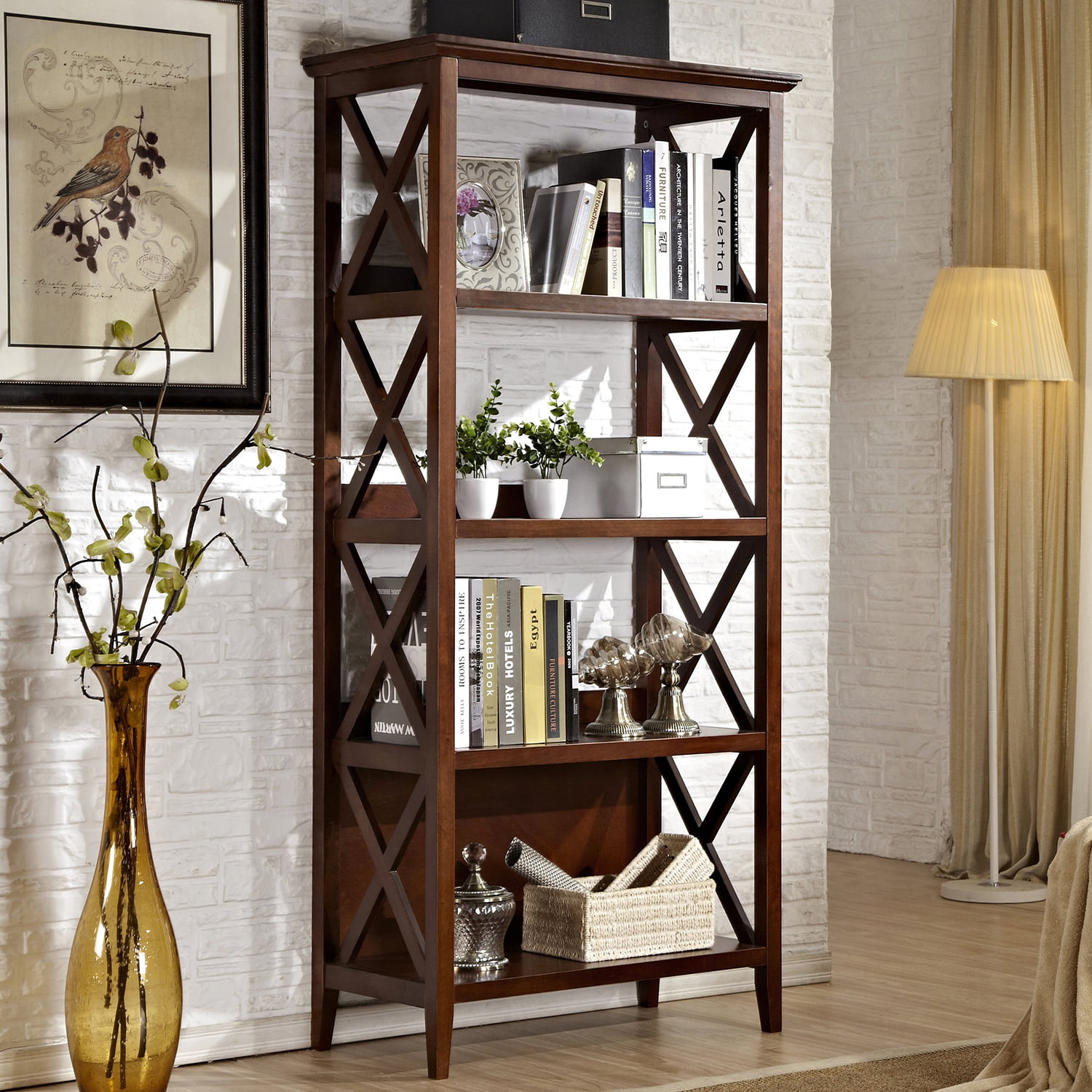 Resenkos 4 Tier Open Display Storage Shelves with Sturdy Solid Wood 67" Bookcases Book Organizer for Home Office Walnut