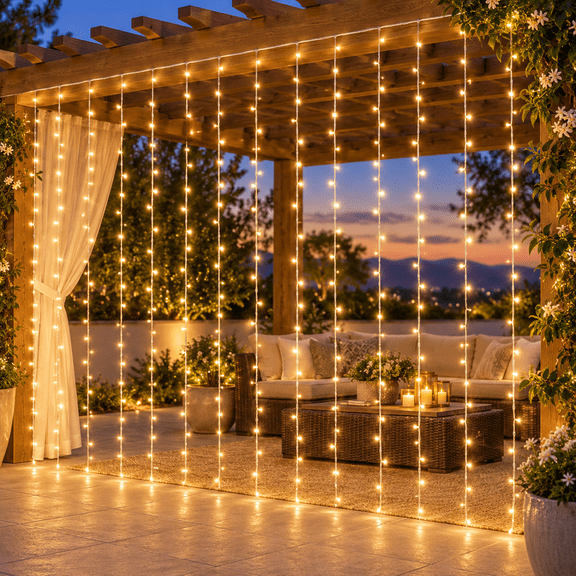 Serbasic Christmas Curtain Lights, 9.8 x 9.8 FT 300 LED Window Fairy String Lights, 8 Modes Connectable Waterfall Backdrop Lights Plug in for Wedding, Party, Home, Christmas Decor, Warm White
