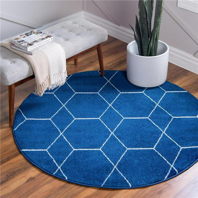 Unique Loom 3146479 5 x 5 ft. Geometric Trellis Frieze Round Rug, Navy Blue