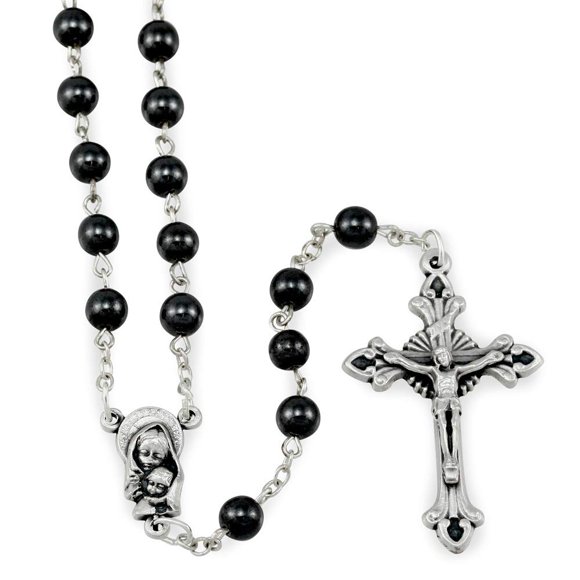 Hematite Rosary Beads Madonna and Child