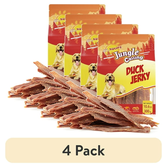 (4 pack) Jungle Calling Natural Dog Treats, Duck Jerky Slow Roasted Snacks for Medium Large Dogs Chewy Treats
