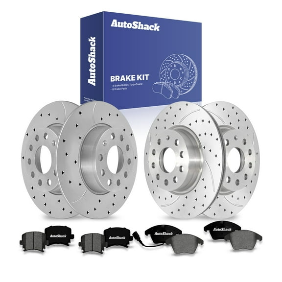 AutoShack Front & Rear Brake Rotors & Premium Pads for Volkswagen, GTI 2011, FWD L4 2.0L - Coated Drilled & Slotted - Silver Matte Finish - TurboGuard