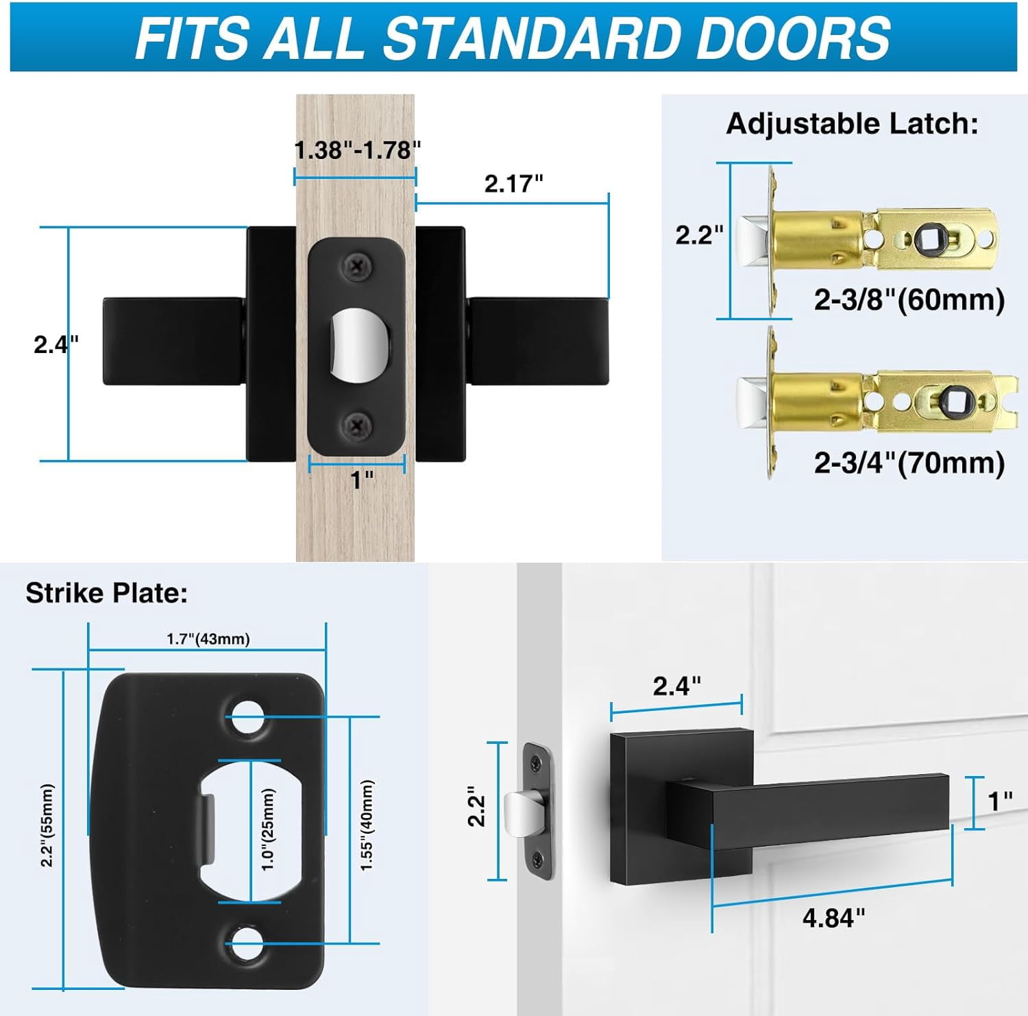 2 Pack Matte Black Door Handles, Passage Door Levers for Hallway & Closet, Interior Keyless Door Knobs Heavy Duty Square Non-Locking Handlesets(2.0lb), Reversible for Left & Right Sided Doors