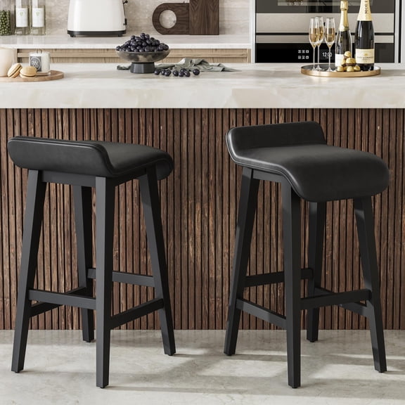 26.2" Bar Stools Set of 2, Modern Upholstered Kitchen Stools with Low Back and Footrest, Counter Height Bar Stools with Wood Legs, for Kitchen Counter, Dining Room, Black