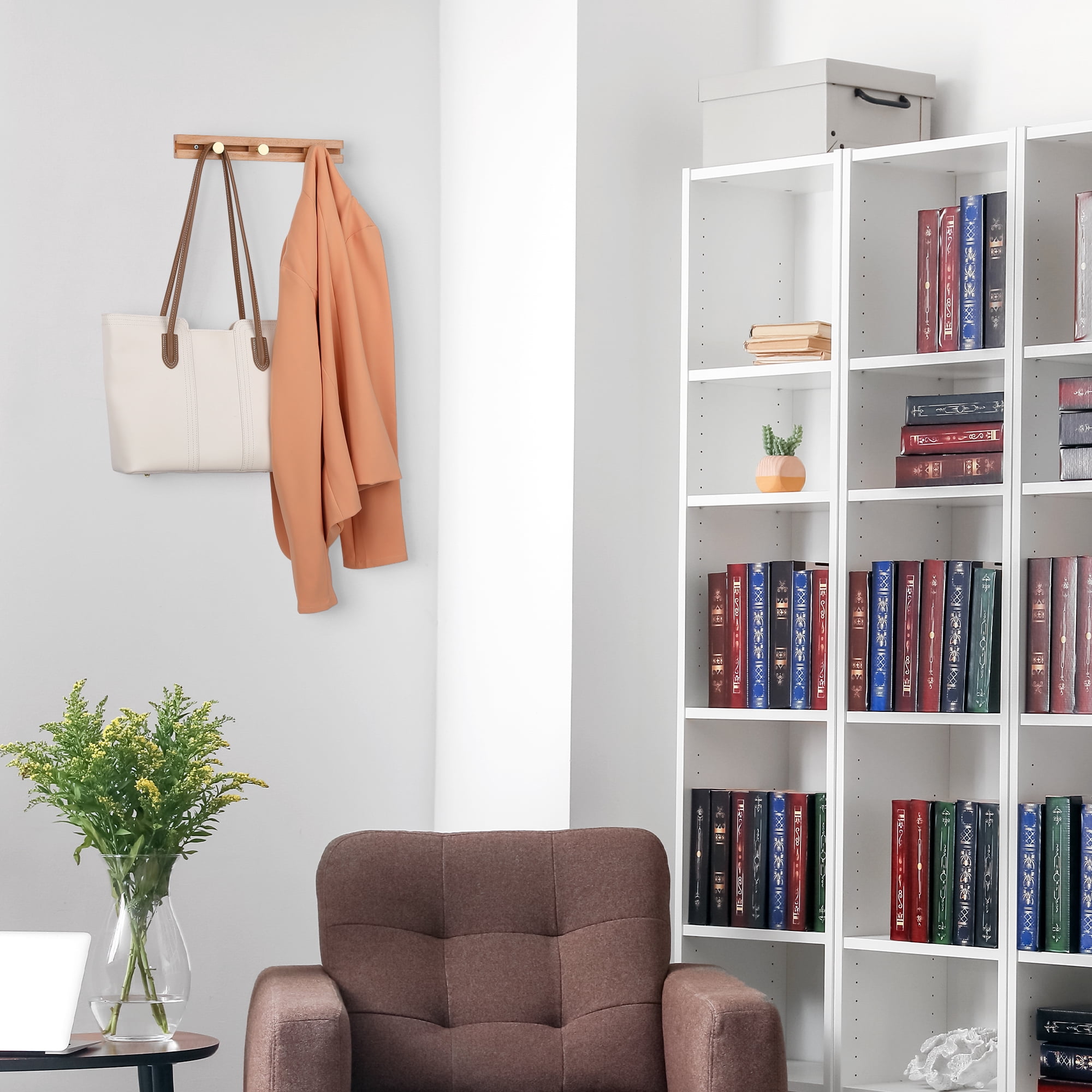 Unique Bargains Coat Rack Wall Mount Wood Coat Hook for Hanging with 3 Hooks Brown