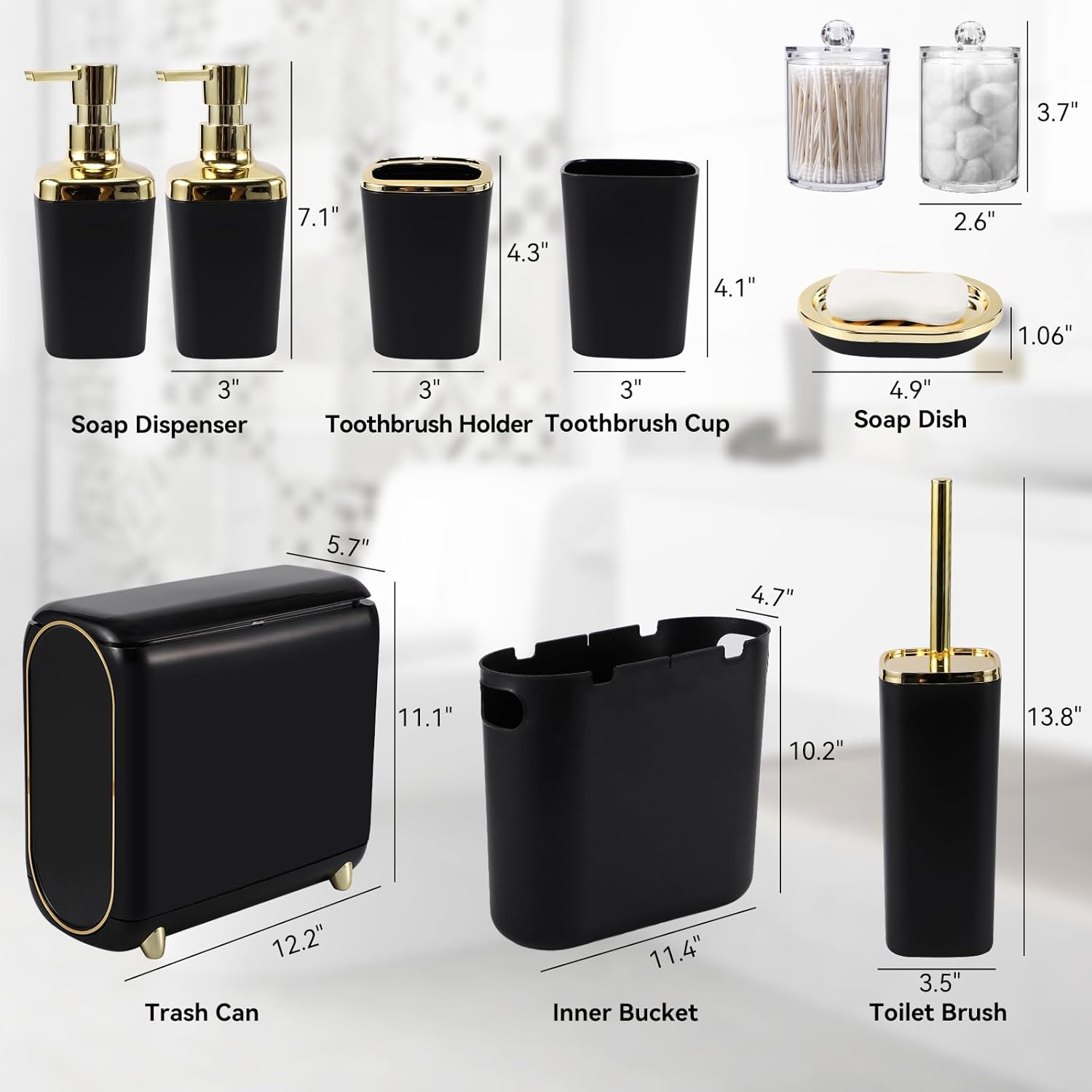 Black Bathroom Accessories 9 Piece Black and Gold Bathroom Set with Slim Trash Can,Soap Dispenser,Toilet Brush,Toothbrush Set, Qtip Holders for Housewarming