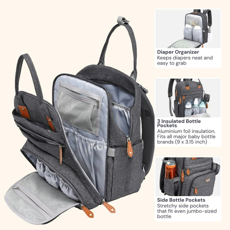 BabbleRoo Original Dark Gray Diaper Bag Backpack - Versatile Baby