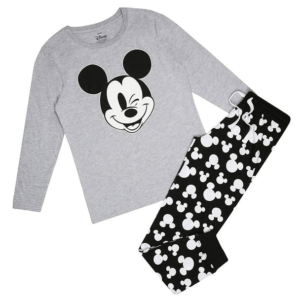 Disney - Set de Pijama Largo de Mickey Mouse Guiño para Mujer (Gris, Negro, Blanco)