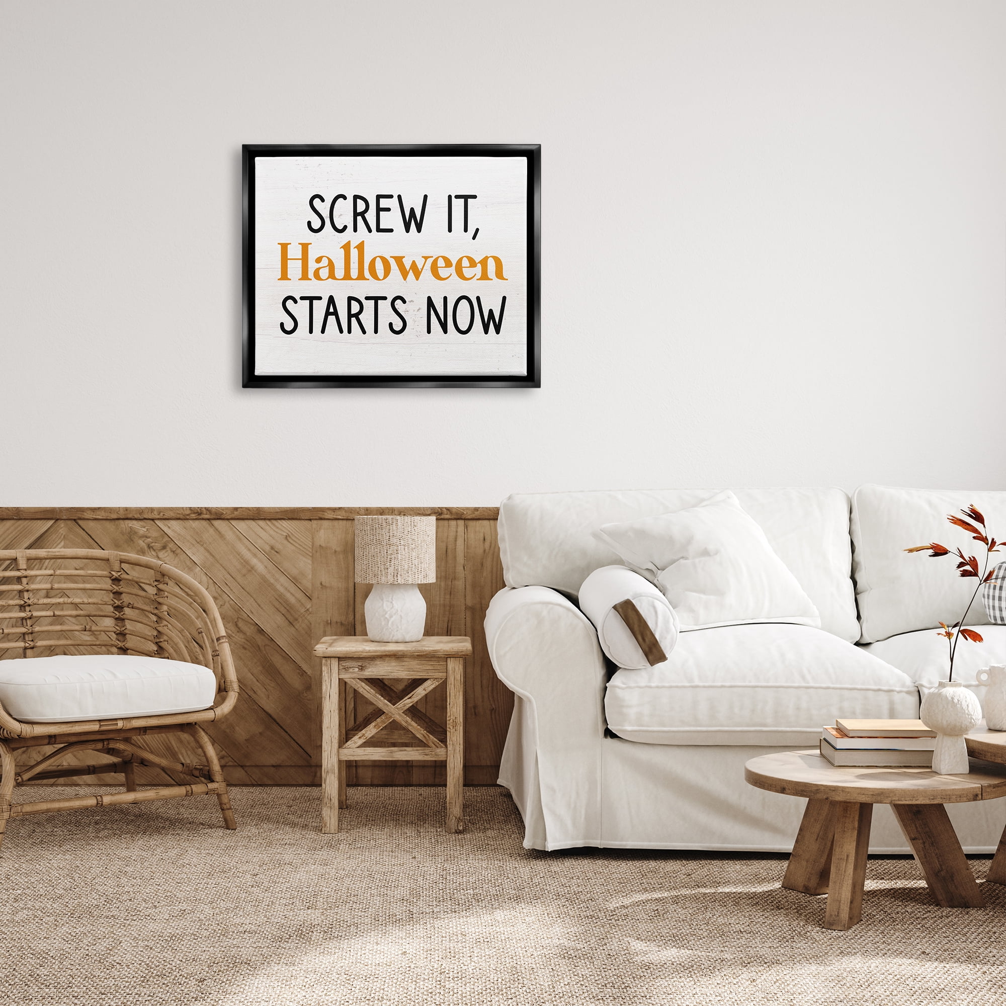 Stupell Industries Halloween Starts Now Phrase Holiday Painting Black Floater Framed Canvas Art Print Wall Art, 31 x 25