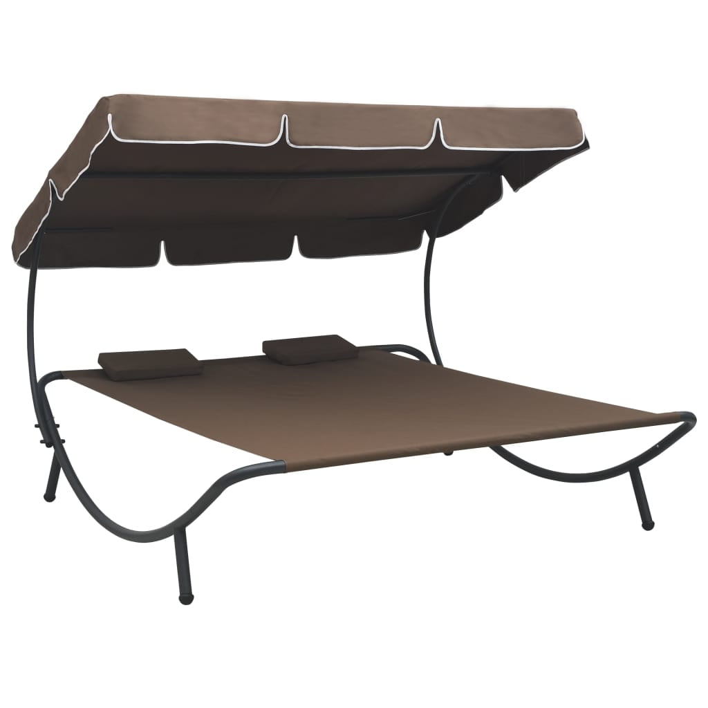 Outdoor Lounge Bed with Canopy and Pillows, Chaise Patio Sofa Bed, Brown Outdoor Lounge Bed with Canopy and Pillows, Chaise Patio Sofa Bed, Brown