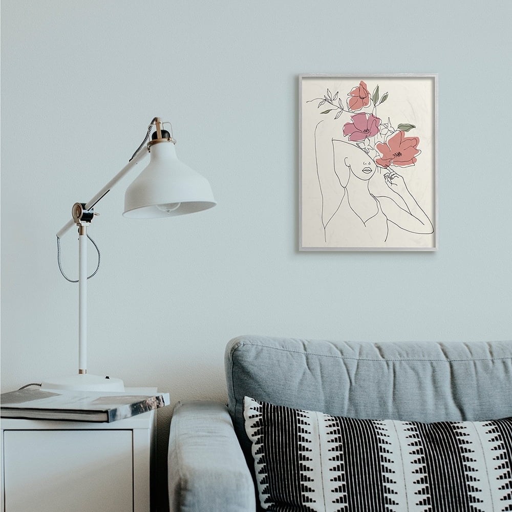 Stupell Industries Female Linework Portrait Blooming Floral Sketch Gray Framed by Melissa Wang