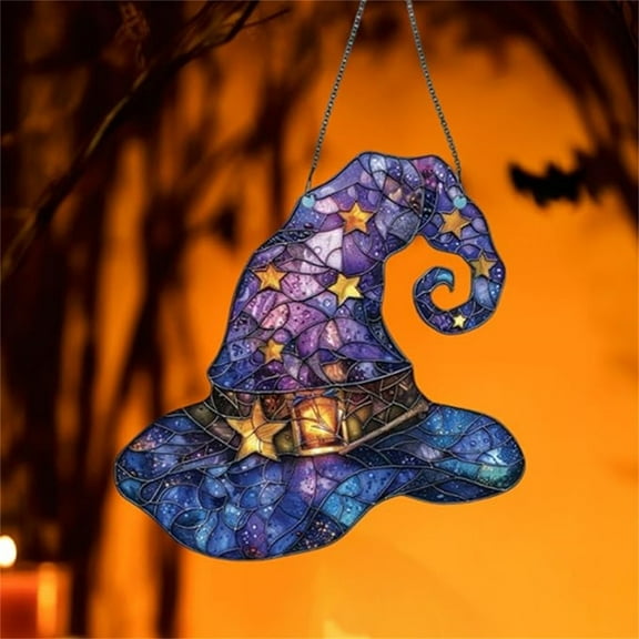 Hanging Witch Hat Ornament - Shatterproof Acrylic Window Decor Halloween Wall Hanging Spell Book Lover Gift Party Decor(A)