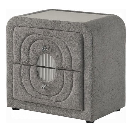 Kery Nightstand- 2 Drawers- Glass Top- Gray Teddy Sherpa Upholstery