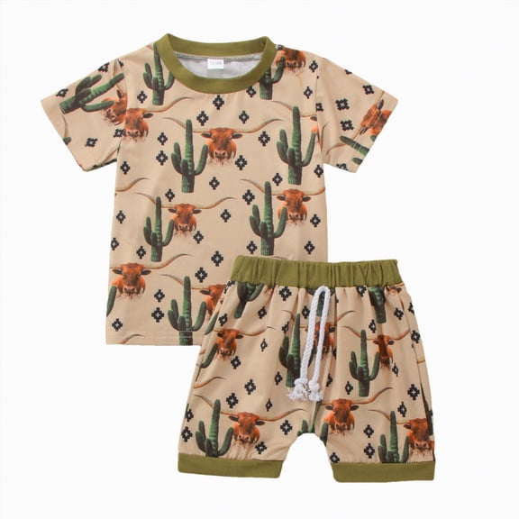 Toddler Boy Outfits Baby Dinosaur Print Kids Unisex Summer Cotton Cow Printed Short Sleeve Training 1t 2t 3t 4t 5t 6t Shirt Shorts Set Tops T-Shirt Pants 2-Piece