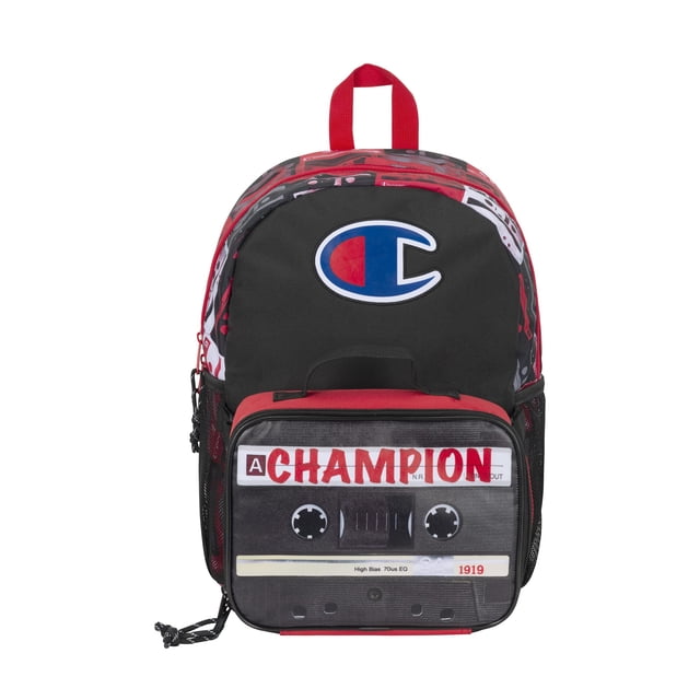 Champion Kids' Munch Backpack & Lunch Kit Combo, Black/Scarlet, One Size