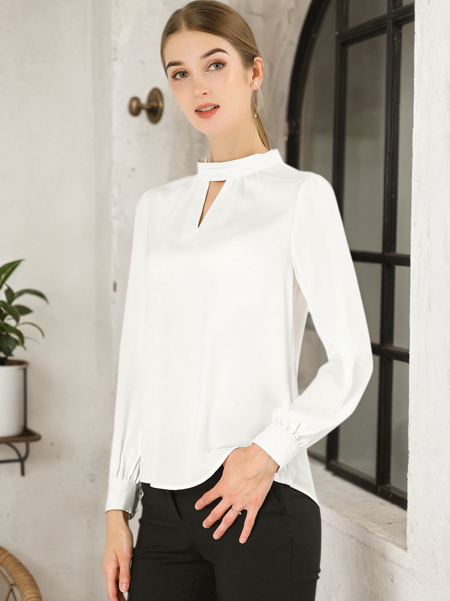 DARING DIVA Women's Stand Collar Long Sleeve Office Blouse 3XL White