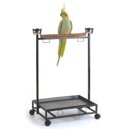 Large Wrought Iron Parrot Play Stand, Cockatiel Bird Gym Perch with Rolling Wheels, 2 Stainless Steel Bowls, Wooden Perch, Removable Tray, Pet Bird Playground