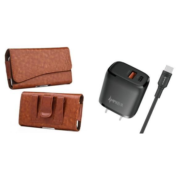 Wall Charger and Holster Bundle for OnePlus 10T 5G: Executive PU Leather Magnetic Belt Holster Case (Brown) and 38W Dual Port (Power Delivery PD Type-C and USB-A) Power Adapter