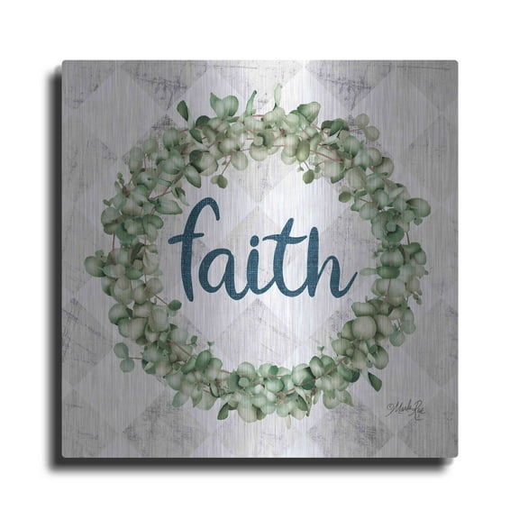 Luxe Metal Art 'Faith Eucalyptus Wreath' by Marla Rae, Metal Wall Art, 12"x12"