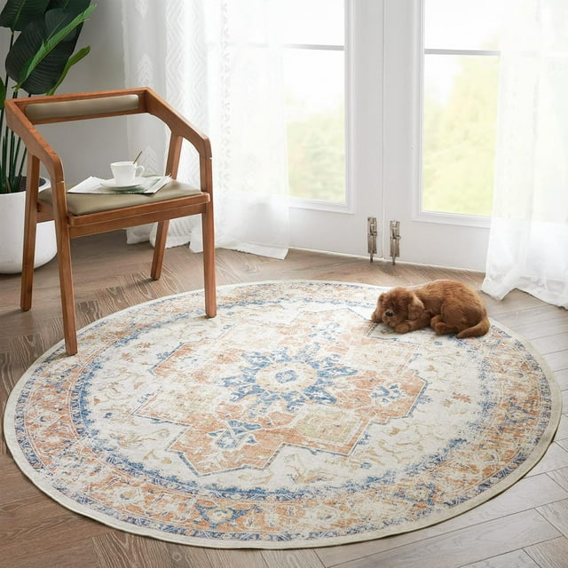 JINCHAN Round Rug 5ft Washable Area Rug Vintage Carpet Indoor Floor Print Distressed Orange Multi Chenille Circle Carpet 5' Round Accent Mat Non Slip Kitchen Living Room Bedroom Dining Room